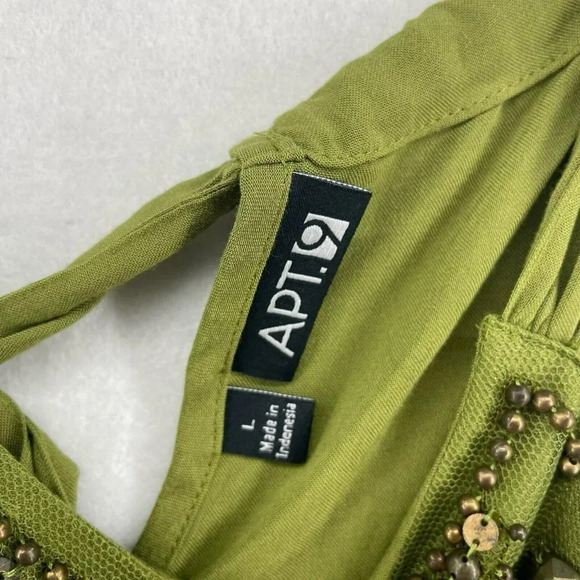 APT.9 Tank Top Women Sz L Green Pullover Studded Beads Shirred Halter Neck Boho - Picture 9 of 11